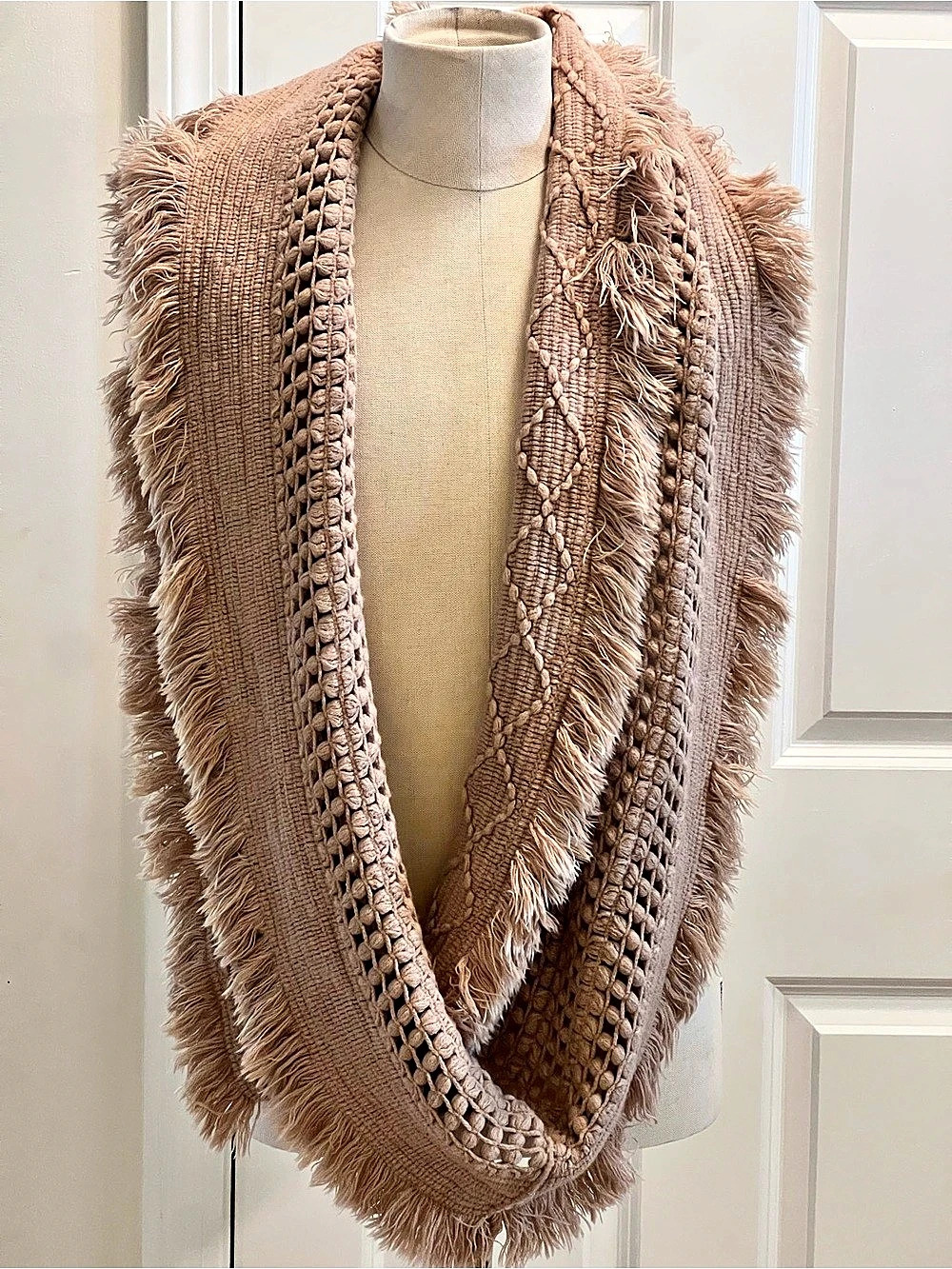 Fringe Knit Scarf in Brown & Beige Like New